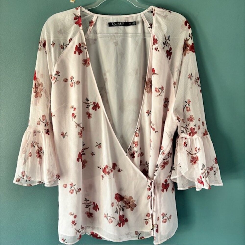 Lauren Ralph Lauren Womens XL Floral Pink Wrap Tie Waist Blouse Bell Sleeve